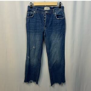 Free People Maggie Ripped Cropped Straight Leg Raw Hem Button Fly Jeans 25